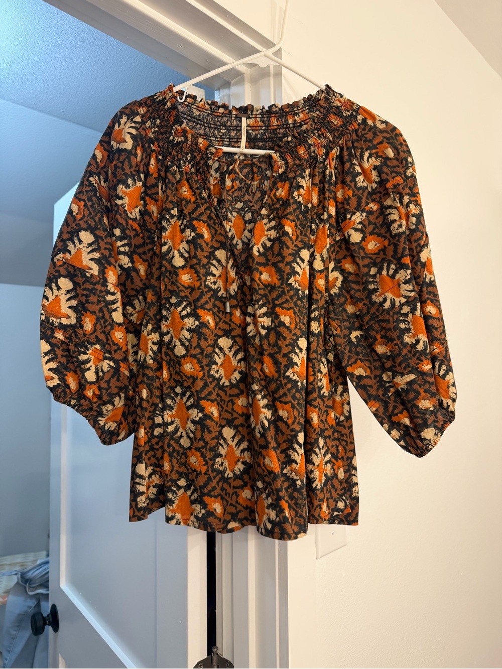 Free People Floral Smocked-Neck Blouse in Orange, Black, Cream